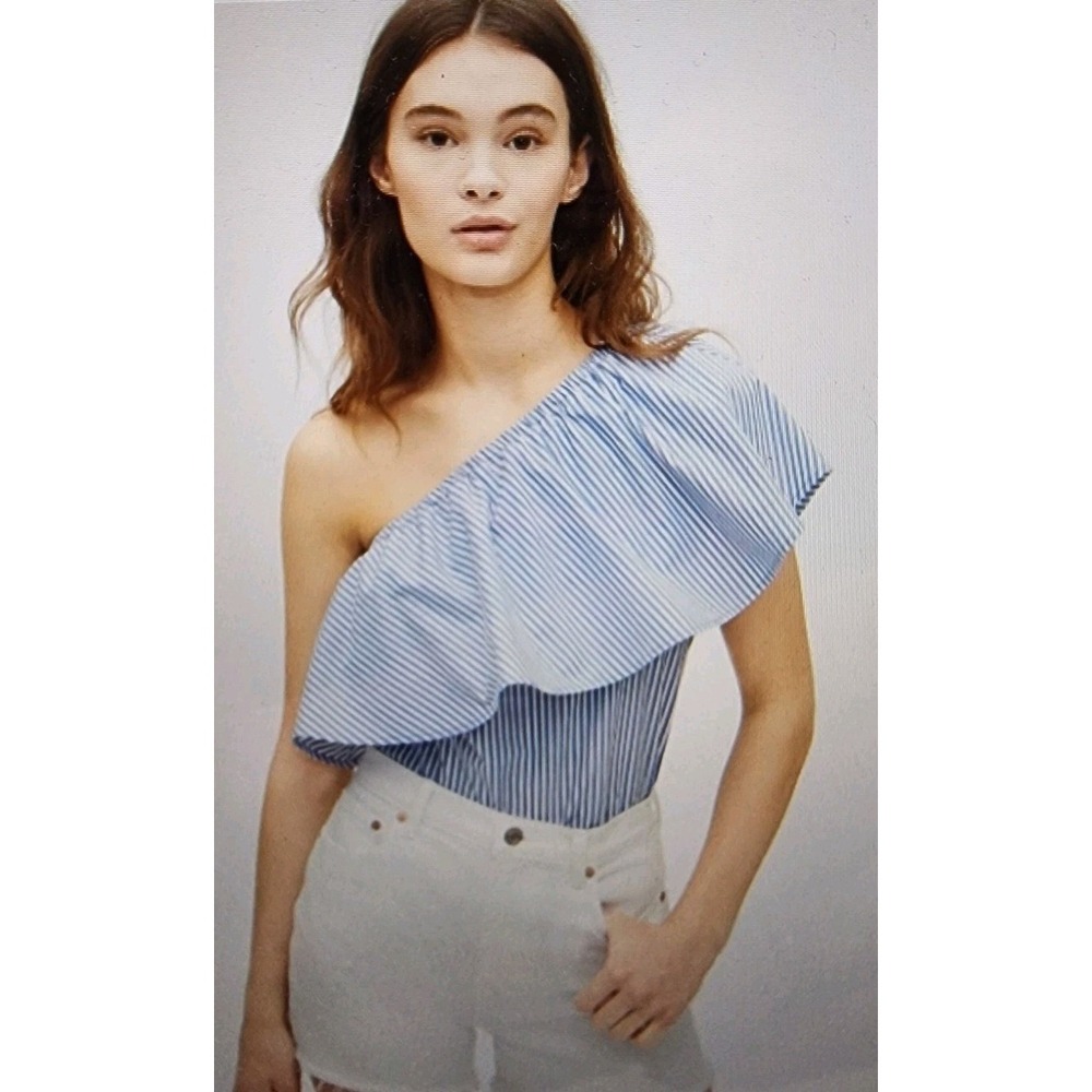 GAP One Shoulder Ruffle Top Blouse Womens Large White Blue‎ Stripe Coastal NWT